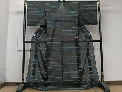 平和屋着物＊夏物　小紋　絽　横段文　黒地　洗える着物　CABK8943xi