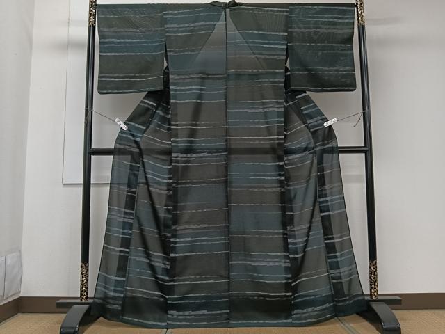 平和屋着物＊夏物　小紋　絽　横段文　黒地　洗える着物　CABK8943xi