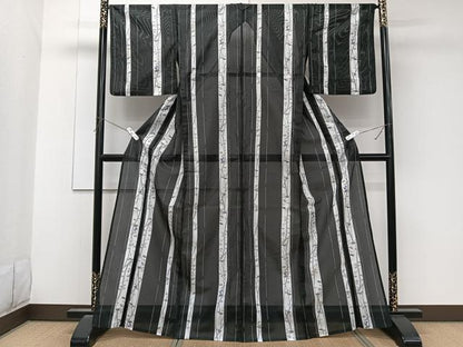 平和屋着物＊ファッションブランド　hiromichi nakano　ヒロミチナカノ　夏物　小紋　絽　間道枝草花文　黒地　洗える着物　CABK8945xi