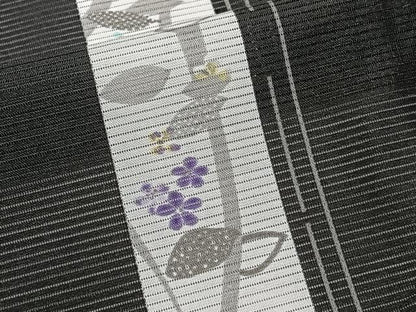 平和屋着物＊ファッションブランド　hiromichi nakano　ヒロミチナカノ　夏物　小紋　絽　間道枝草花文　黒地　洗える着物　CABK8945xi