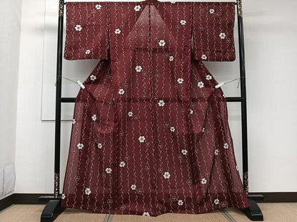 平和屋着物＊夏物　小紋　絽　間道草花文　洗える着物　CABK8965xi