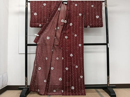 平和屋着物＊夏物　小紋　絽　間道草花文　洗える着物　CABK8965xi