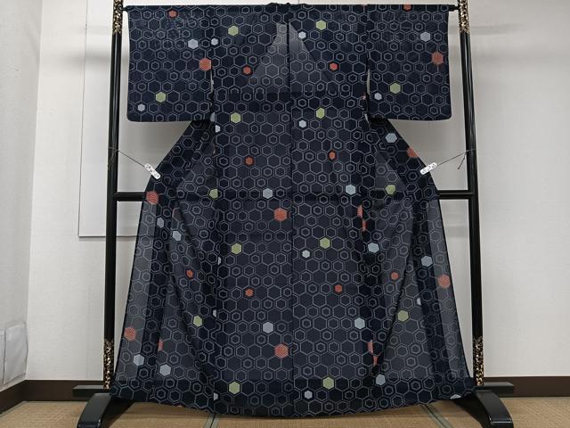 平和屋着物＊夏物　小紋　絽　青海波亀甲文　洗える着物　CABK8971xi
