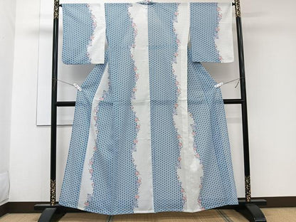 平和屋着物＊夏物　小紋　絽　麻の葉文様　洗える着物　CABK8976xi