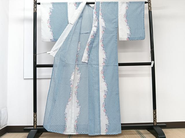 平和屋着物＊夏物　小紋　絽　麻の葉文様　洗える着物　CABK8976xi