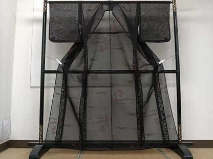 平和屋着物＊夏物　小紋　紗　風景文　黒地　正絹　逸品　未使用　CABK8983xi