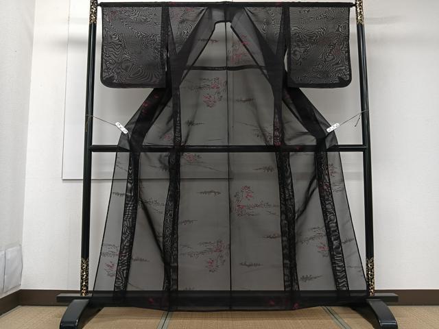 平和屋着物＊夏物　小紋　紗　風景文　黒地　正絹　逸品　未使用　CABK8983xi
