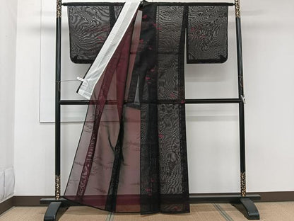平和屋着物＊夏物　小紋　紗　風景文　黒地　正絹　逸品　未使用　CABK8983xi
