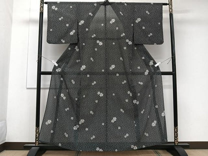 平和屋着物＊夏物　小紋　絽　舞花文　黒地　洗える着物　CABK9001xi