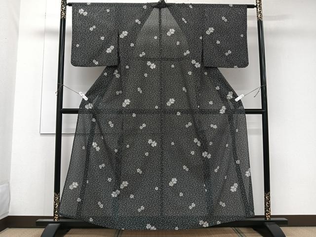 平和屋着物＊夏物　小紋　絽　舞花文　黒地　洗える着物　CABK9001xi