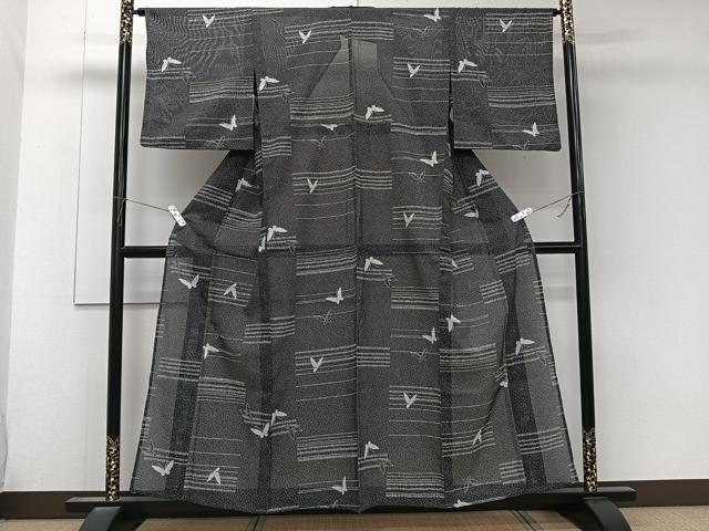 平和屋着物＊夏物　小紋　絽　舞蝶文　黒地　洗える着物　CABK9013xi