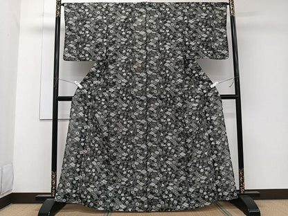 平和屋着物＊夏物　小紋　絽　松竹梅花文　黒地　洗える着物　CABK9028xi