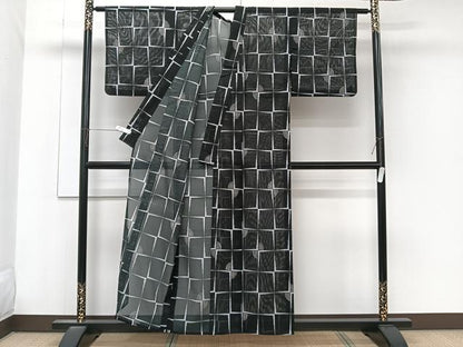 平和屋着物＊夏物　小紋　絽　幾何学文　黒地　洗える着物　CABK9032xi