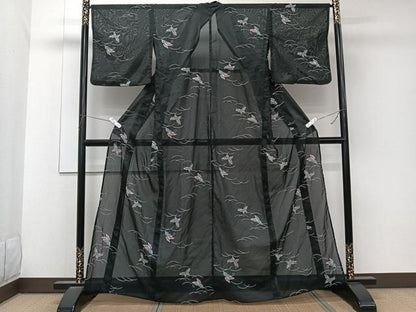平和屋着物＊夏物　小紋　絽　舞蝶文　黒地　洗える着物　CABK9036xi