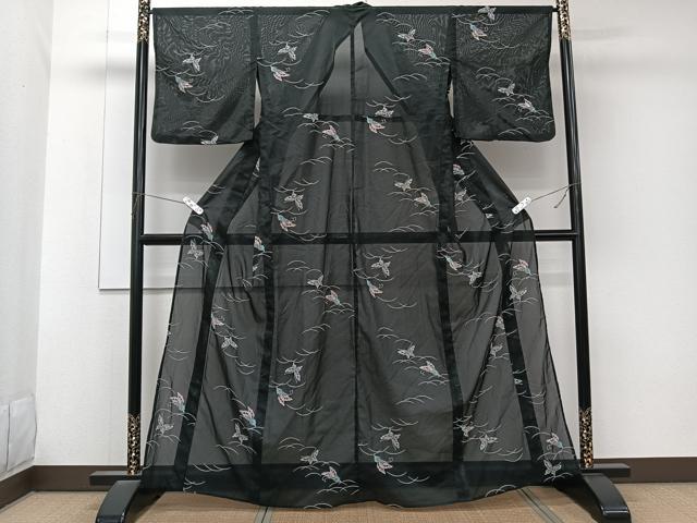 平和屋着物＊夏物　小紋　絽　舞蝶文　黒地　洗える着物　CABK9036xi