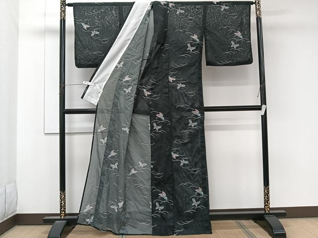 平和屋着物＊夏物　小紋　絽　舞蝶文　黒地　洗える着物　CABK9036xi