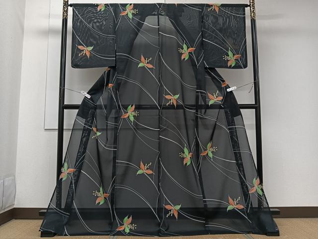平和屋着物＊夏物　小紋　絽　草花文　黒地　ロング丈　洗える着物　CABK9044xi