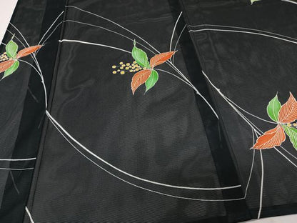 平和屋着物＊夏物　小紋　絽　草花文　黒地　ロング丈　洗える着物　CABK9044xi