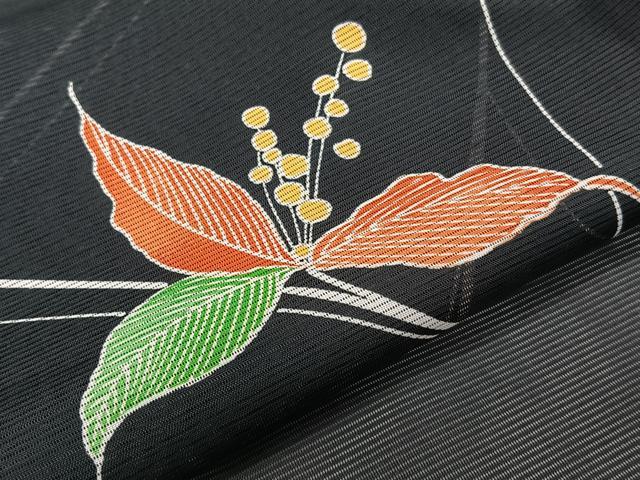平和屋着物＊夏物　小紋　絽　草花文　黒地　ロング丈　洗える着物　CABK9044xi