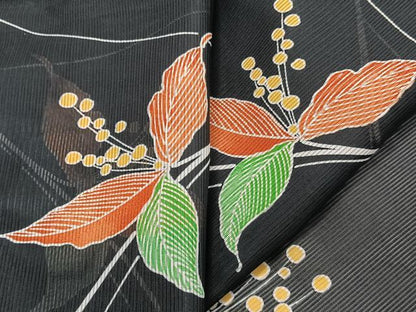 平和屋着物＊夏物　小紋　絽　草花文　黒地　ロング丈　洗える着物　CABK9044xi