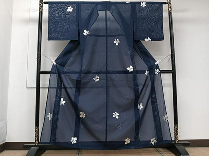 平和屋着物＊夏物　小紋　絽　瓢箪花文　銀彩　洗える着物　CABK9045xi