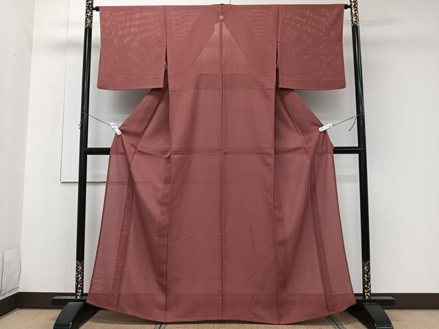 平和屋着物＊夏物　色無地　縦絽　真赫色　正絹　逸品　CABK9047xi