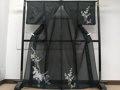 平和屋着物＊夏物　訪問着　絽　流水草花文　黒地　洗える着物　CABK9053xi