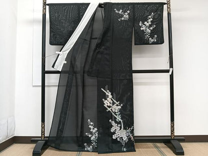 平和屋着物＊夏物　訪問着　絽　流水草花文　黒地　洗える着物　CABK9053xi
