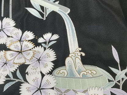 平和屋着物＊夏物　訪問着　絽　流水草花文　黒地　洗える着物　CABK9053xi
