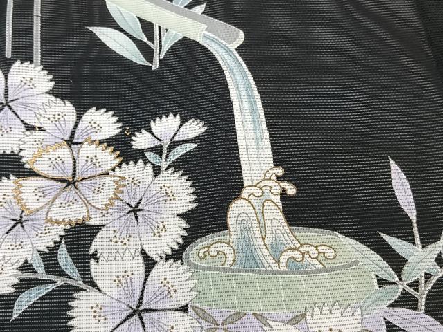 平和屋着物＊夏物　訪問着　絽　流水草花文　黒地　洗える着物　CABK9053xi