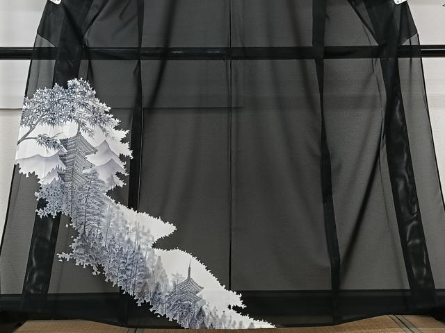 平和屋着物＊夏物　訪問着　絽　風景文　黒地　金彩　洗える着物　CABK9059xi