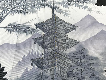 平和屋着物＊夏物　訪問着　絽　風景文　黒地　金彩　洗える着物　CABK9059xi