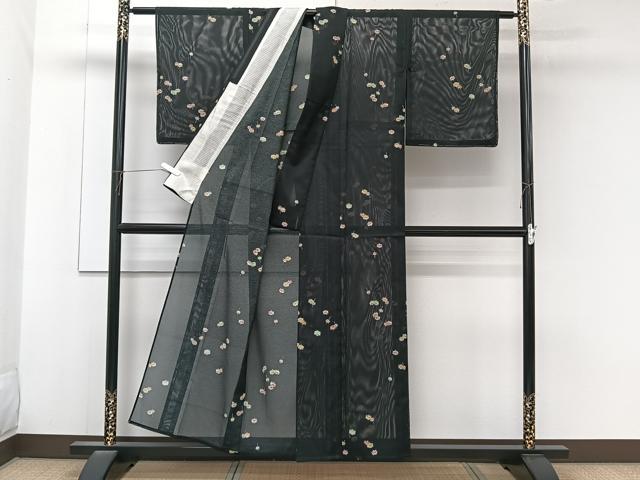 平和屋着物＊夏物　小紋　絽　糸巻き文　黒地　洗える着物　未使用　CABK9064xi