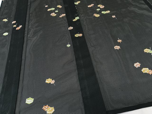 平和屋着物＊夏物　小紋　絽　糸巻き文　黒地　洗える着物　未使用　CABK9064xi