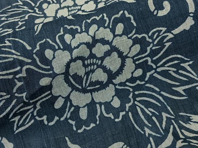 平和屋着物＊夏物　本場小千谷縮　藍　型染め　花唐草文　麻　逸品　CABK9076xi