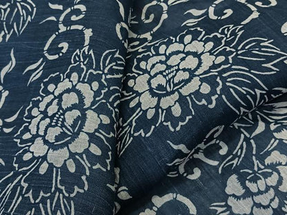 平和屋着物＊夏物　本場小千谷縮　藍　型染め　花唐草文　麻　逸品　CABK9076xi