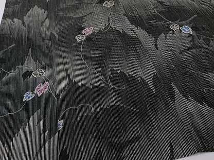 平和屋着物＊夏物　小紋　絽縮緬　蔦の葉文　黒地　洗える着物　CABK9107xi