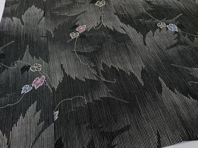 平和屋着物＊夏物　小紋　絽縮緬　蔦の葉文　黒地　洗える着物　CABK9107xi