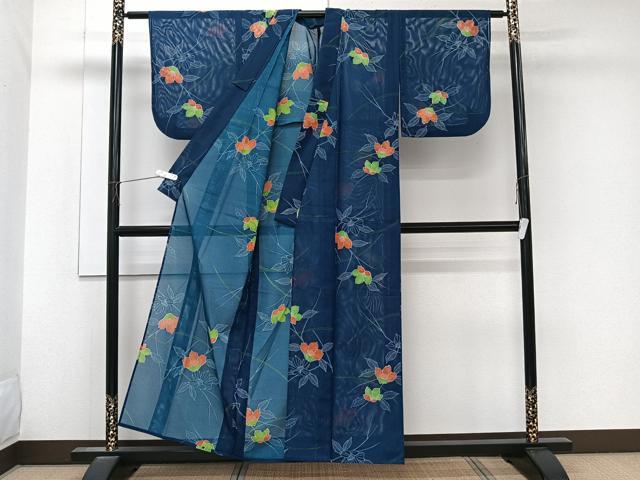 平和屋着物＊夏物　小紋　絽　草花文　洗える着物　CABK9132xi