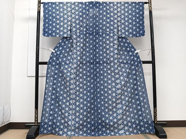 平和屋着物＊夏物　小紋　絽　麻の葉文様　洗える着物　CABK9133xi