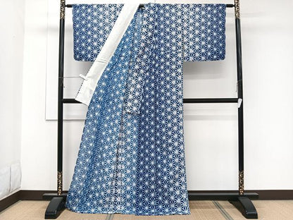 平和屋着物＊夏物　小紋　絽　麻の葉文様　洗える着物　CABK9133xi