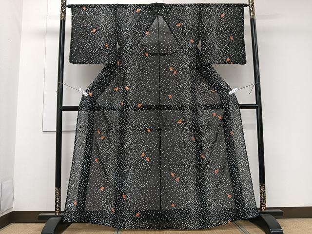 平和屋着物＊夏物　小紋　絽　鹿の子舞葉文　黒地　洗える着物　CABK9163xi