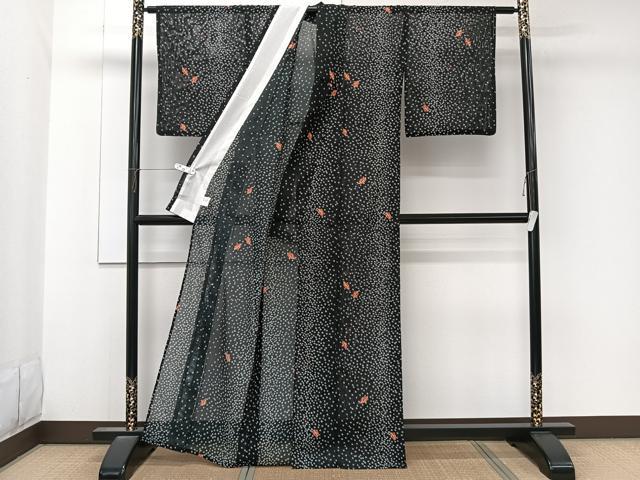 平和屋着物＊夏物　小紋　絽　鹿の子舞葉文　黒地　洗える着物　CABK9163xi