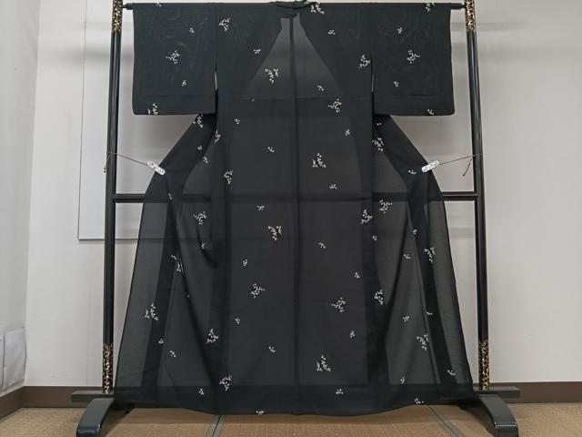 平和屋着物＊夏物　小紋　絽縮緬　草花文　黒地　正絹　逸品　CABK9171xi