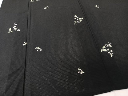 平和屋着物＊夏物　小紋　絽縮緬　草花文　黒地　正絹　逸品　CABK9171xi