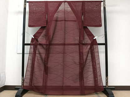 平和屋着物＊夏物　色無地　幾何学紋紗　小豆色　正絹　逸品　未使用　CABK9194xi