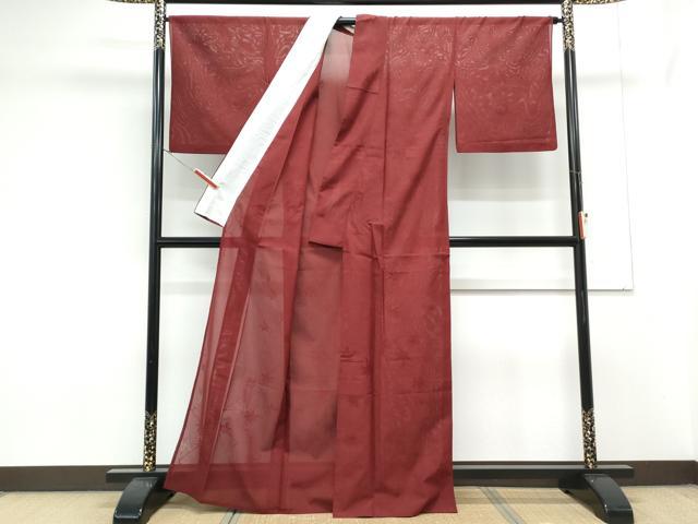 平和屋着物＊夏物　色無地　絽　枝楓紋紗　葡萄色　正絹　逸品　CABK9204th