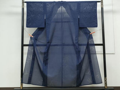 平和屋着物＊夏物　色無地　笹紋紗　鉄紺色　正絹　逸品　CABK9210th