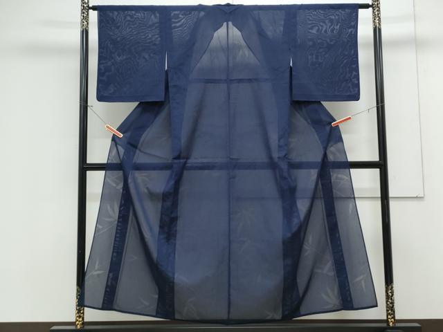 平和屋着物＊夏物　色無地　笹紋紗　鉄紺色　正絹　逸品　CABK9210th