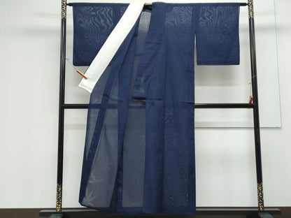 平和屋着物＊夏物　色無地　笹紋紗　鉄紺色　正絹　逸品　CABK9210th